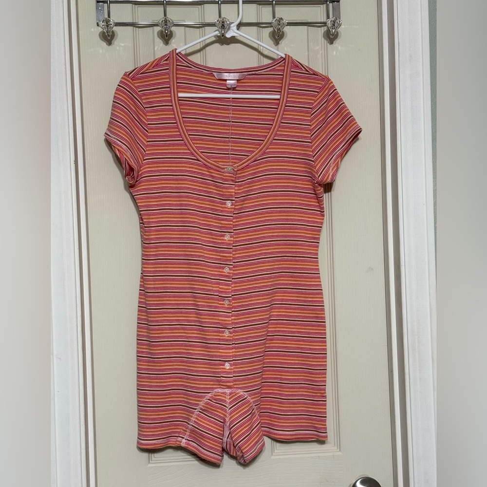 Victoria's Secret Pink and Orange Striped Pajama Romper Small